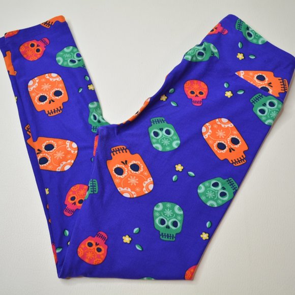 LuLaRoe ONE SIZE Purple SUGAR Skulls DAY OF THE DEAD Stretch LEGGINGS Pants VHTF - Picture 2 of 6